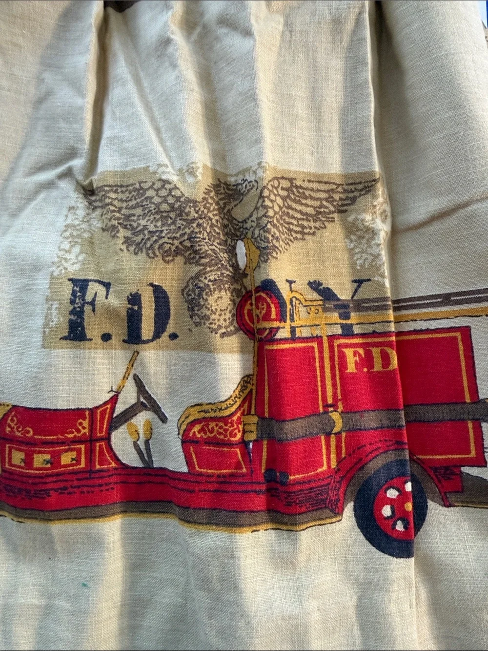 Vintage Mid Century Novelty Kitchen Curtain Set Cars Trains Ships Fire Engines